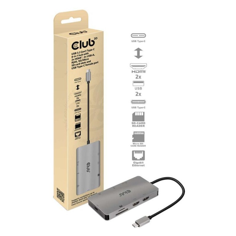 Club3D CSV-1593 8-in-1 USB-C 3.2 Gen 1 Dockingstation Grå Club3D CSV-1593 8-in-1 USB-C 3.2 Gen 1 Dockingstation Grå